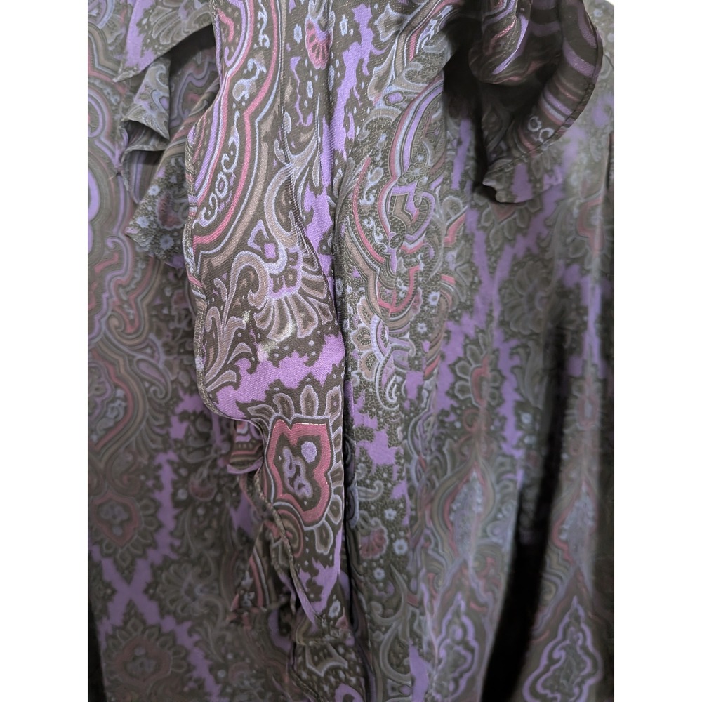 Lauren Ralph Lauren Purple Black Paisley 100% Silk Ruffle Front Blouse Large - Picture 9 of 9
